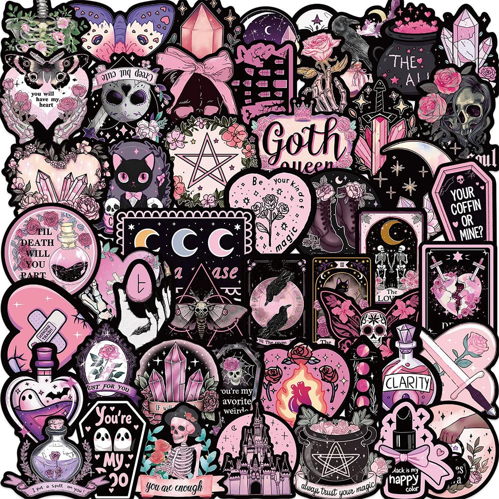 10/30/50pcs Cool Cartoon Black and Pink Gothic Stickers Aesthetic Decals DIY Laptop Notebook Phone Car Fridge Decoration Sticker