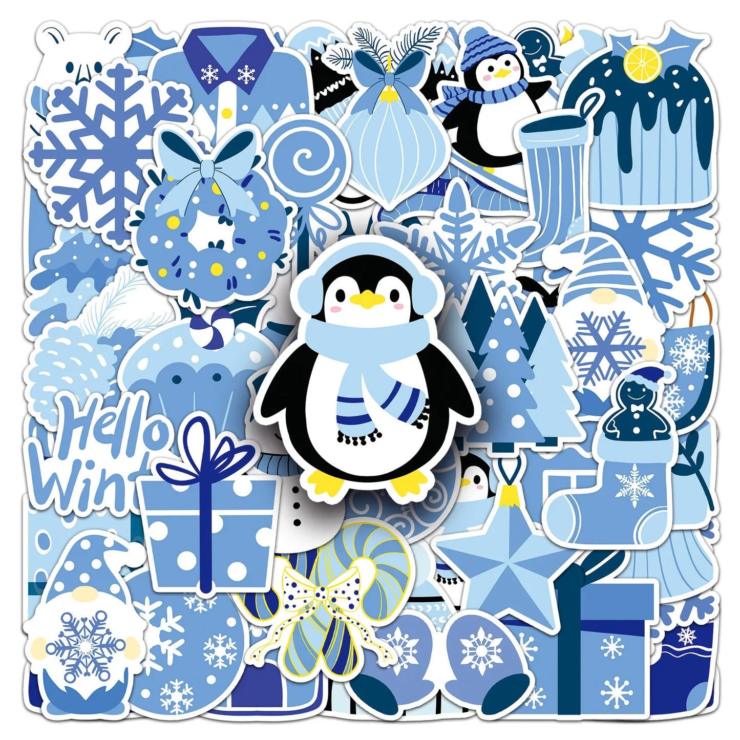 Blue Winter Cartoon Stickers: Penguin Snowflake Decals for Notebook, Phone, Fridge, Bike, Wall - 10/30/50pcs