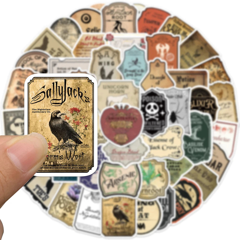 50PCS Halloween Retro Horror Gothic Witch Graffiti Potion Label Sticker Vintage Decals DIY Suitecase Scrapbook Laptop Toys