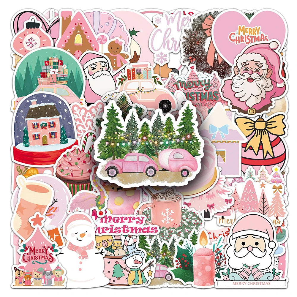 Pink Santa Claus Stickers - 10/30/50pcs Cute Christmas Decals for Phone, Fridge, Suitcase, Skateboard, Bike Gifts