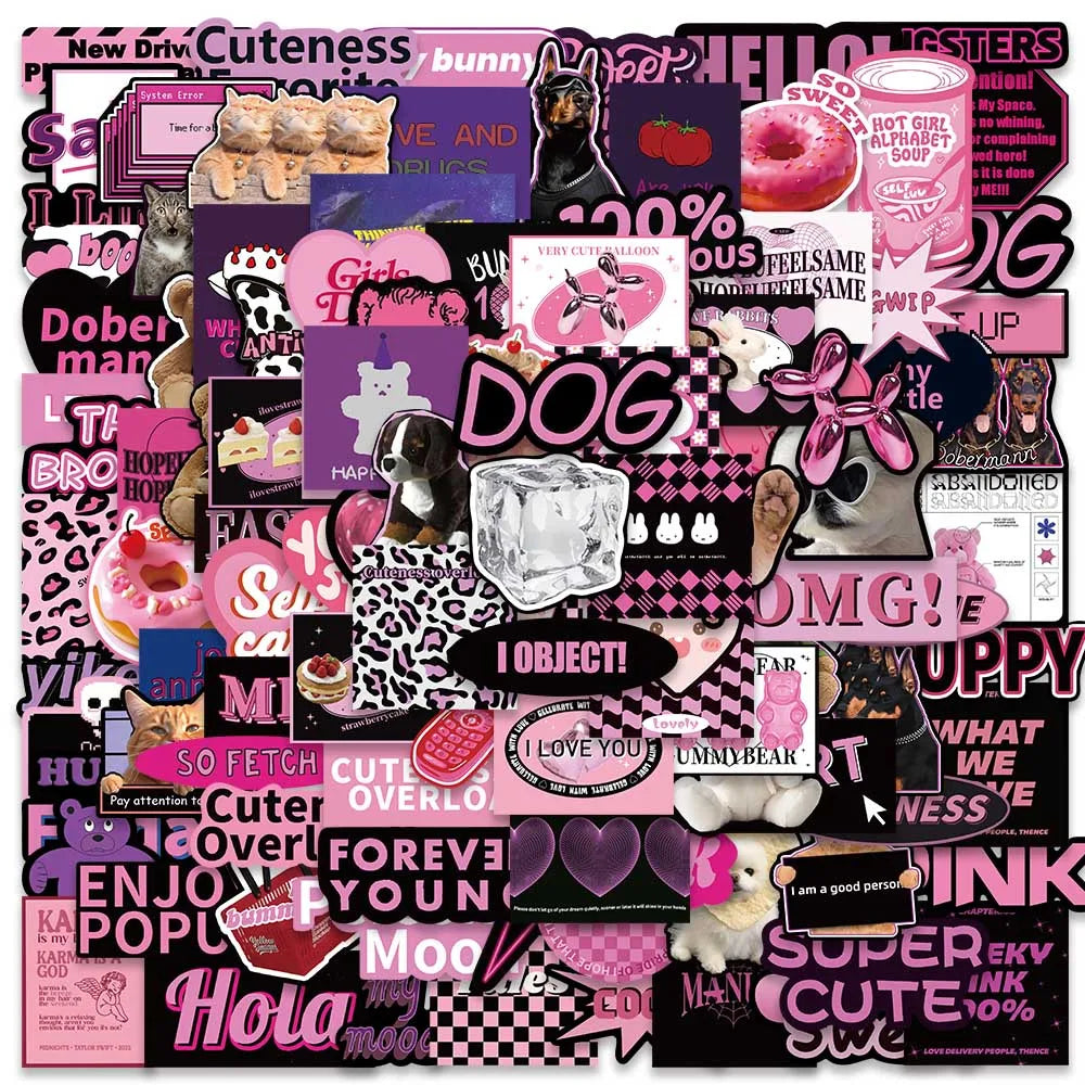55/110PCS Pink Gothic 3D Stickers Cute Anime Aesthetic Decals for Phone, Computer, Car, Toy