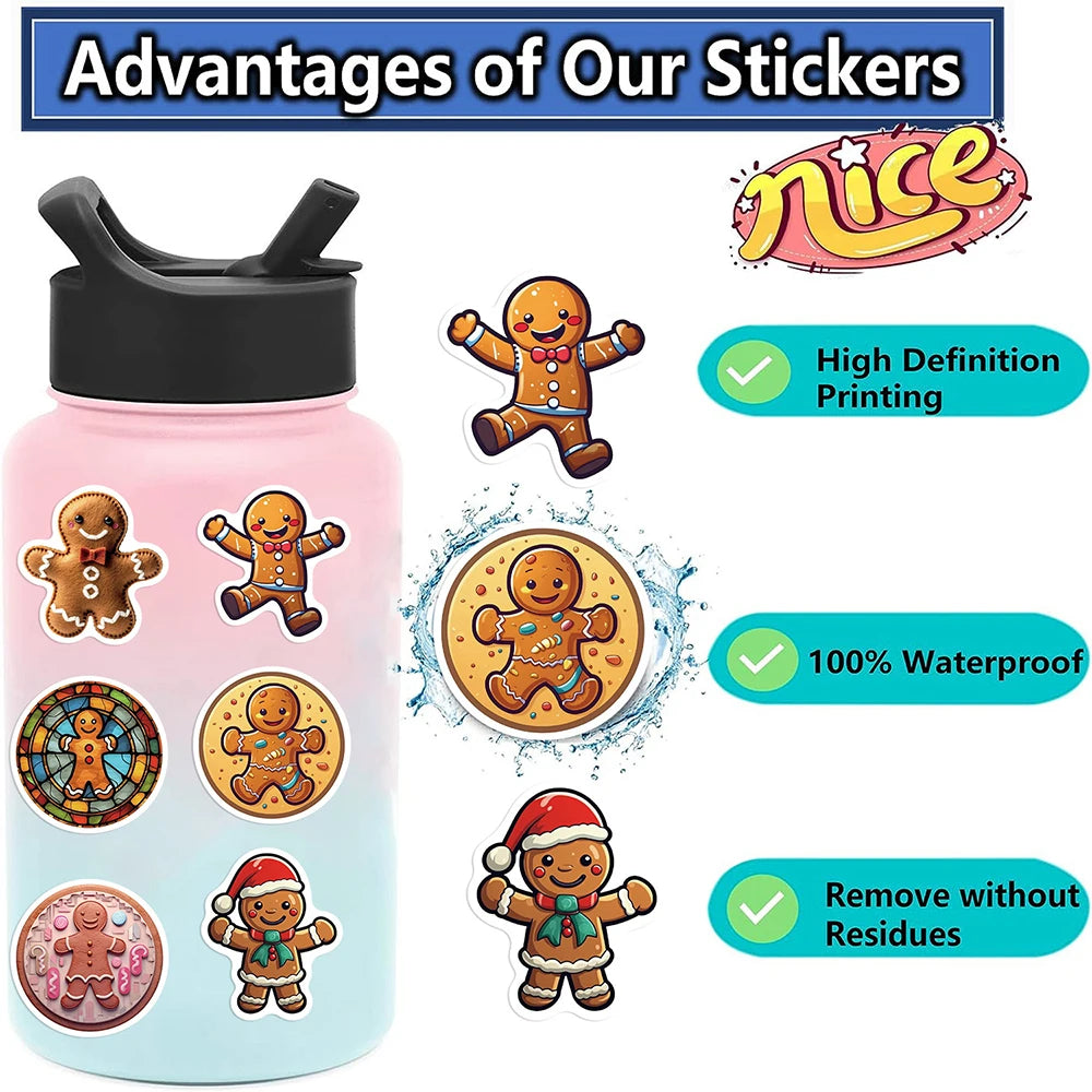 10/30/50PCS Christmas Gingerbread Man Cartoon Stickers Decals Gift Waterproof Laptop Luggage Fridge Phone Suitcase Bike DIY Toys
