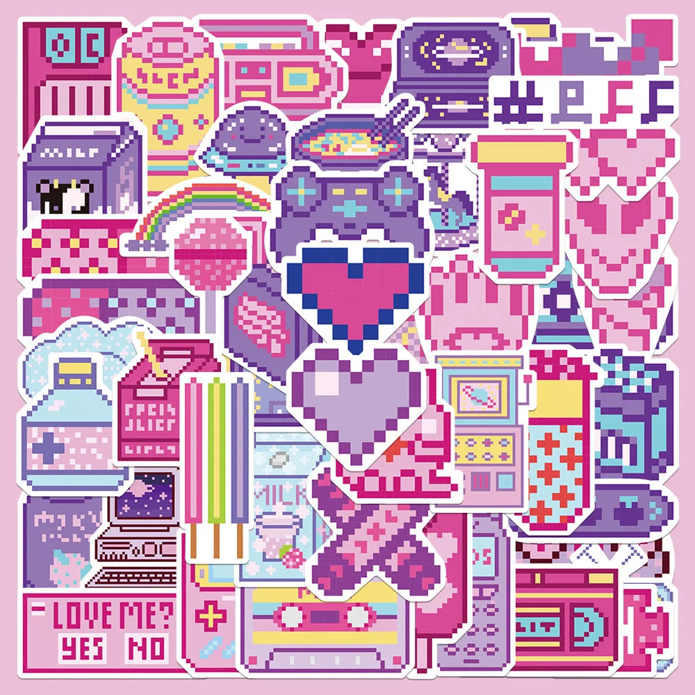 50pcs Pink Purple Pixel Style Graffiti Stickers for Helmet, Desktop, Wall Decoration