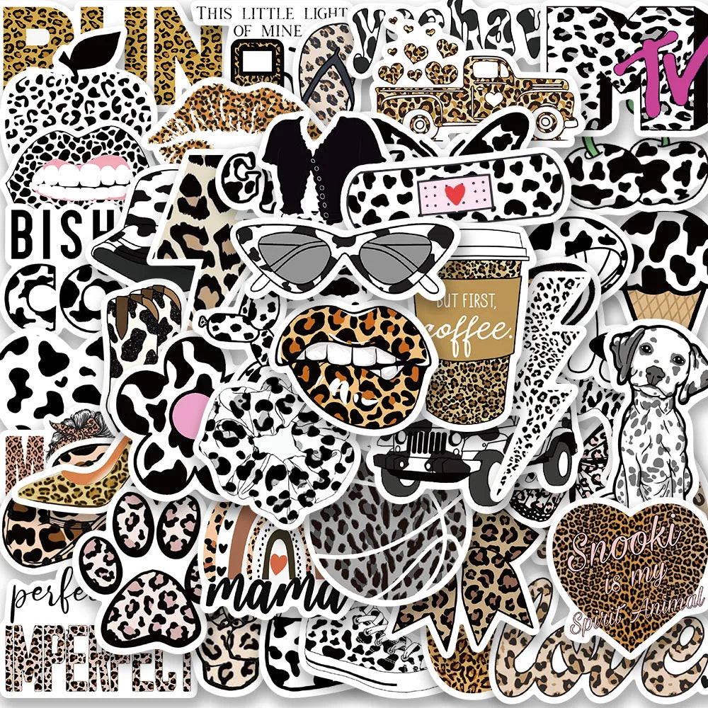 60PCS Leopard Print Vintage Graffiti Cartoon Stickers for Wall, Luggage, Laptop, Car, Phone
