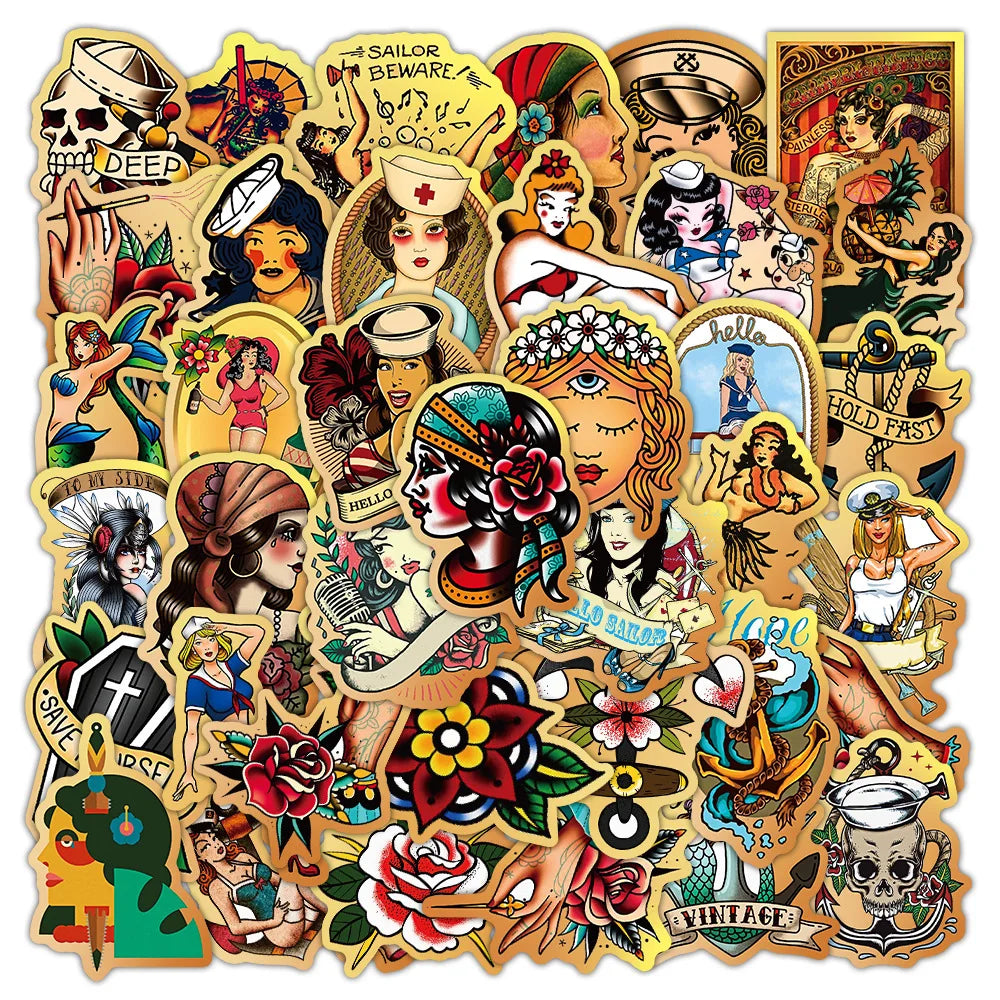 Retro Tattoo Girl Stickers for Phone, Laptop, Luggage, Skateboard - 10/30/50PCS