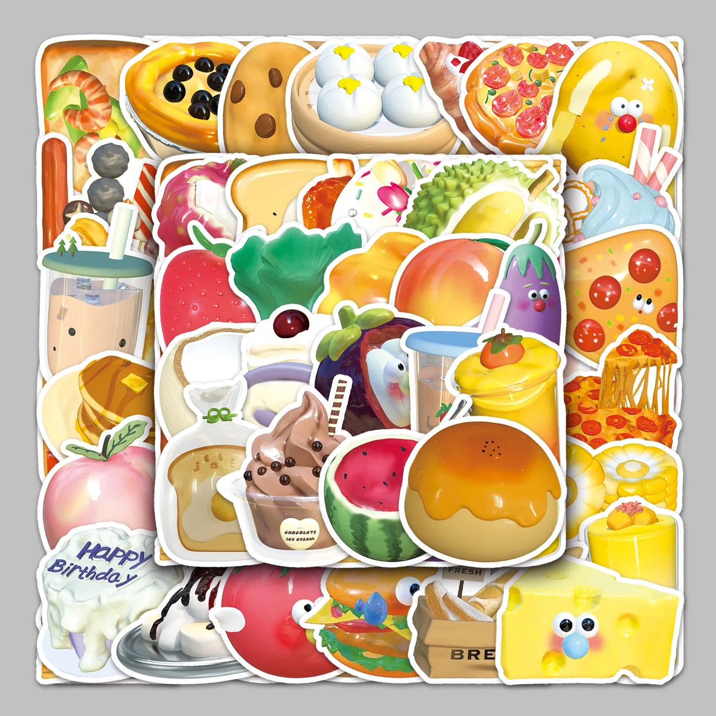 50pcs 3D Food Cartoon Stickers for Helmet, Wall, Desktop Decoration
