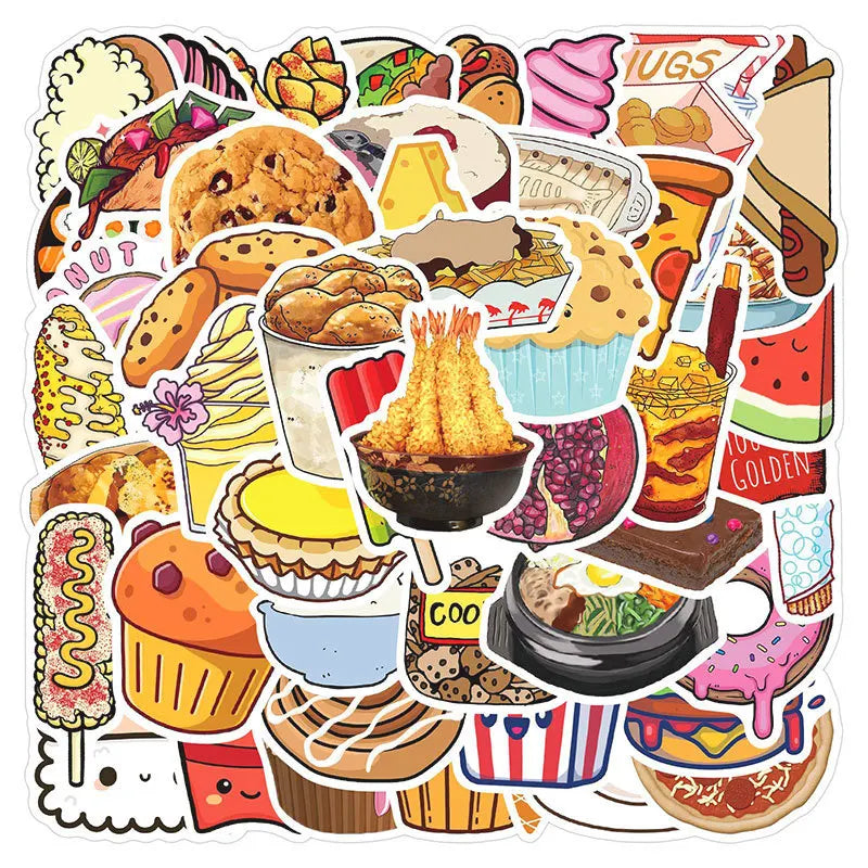 50pcs Cute Food Cartoon Stickers for Helmet, Desktop, Wall Decoration