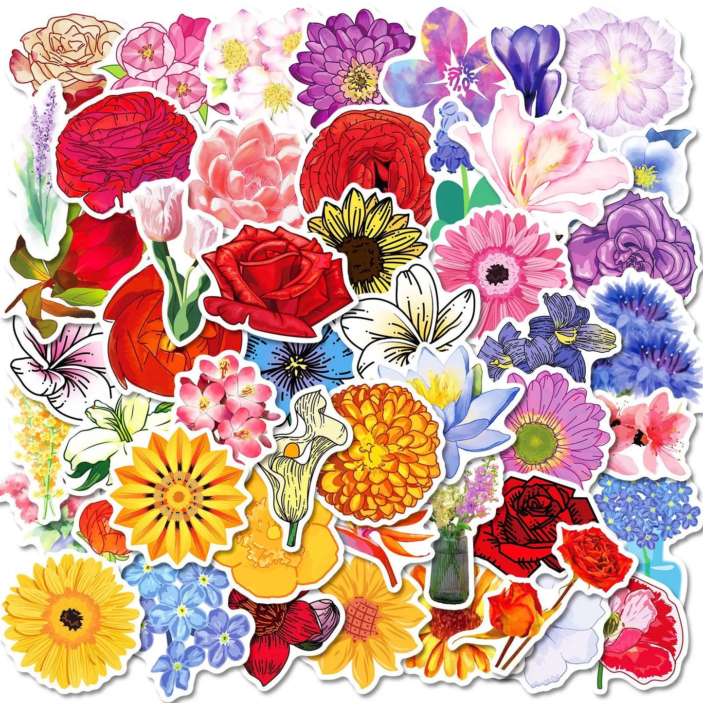 50Pcs Red Flower Graffiti Stickers for Helmet, Wall, Desktop Decoration