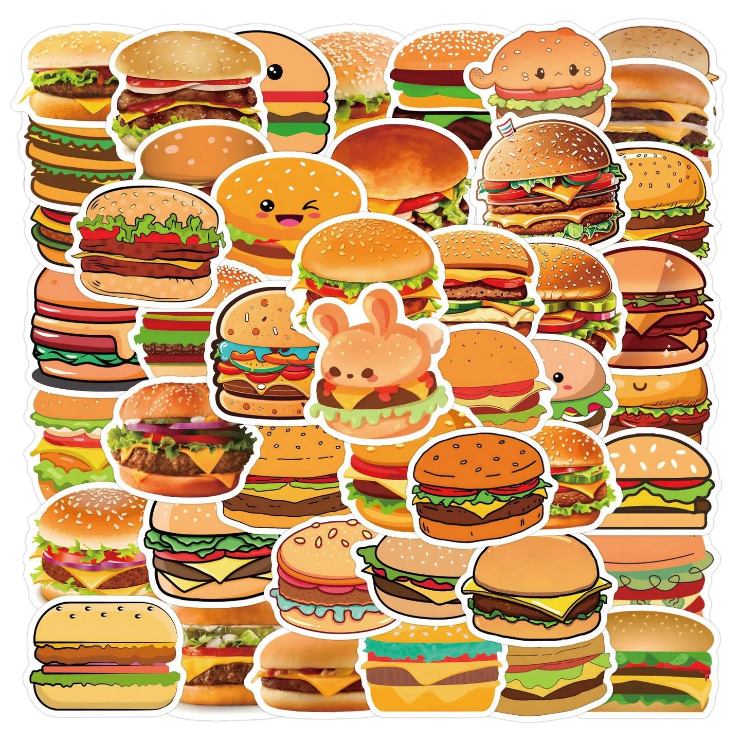Hamburger Cartoon Stickers Pack - Cute Food Meme Decals for Scrapbook, Laptop, Phone, Guitar, Car, Bike