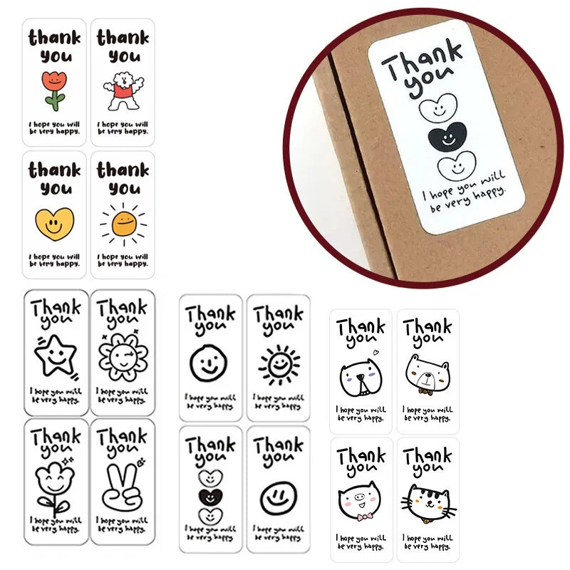 100Pcs Cartoon Thank You Stickers for Gift Packaging, Bouquets, Food, Stationery, Adhesive Labels