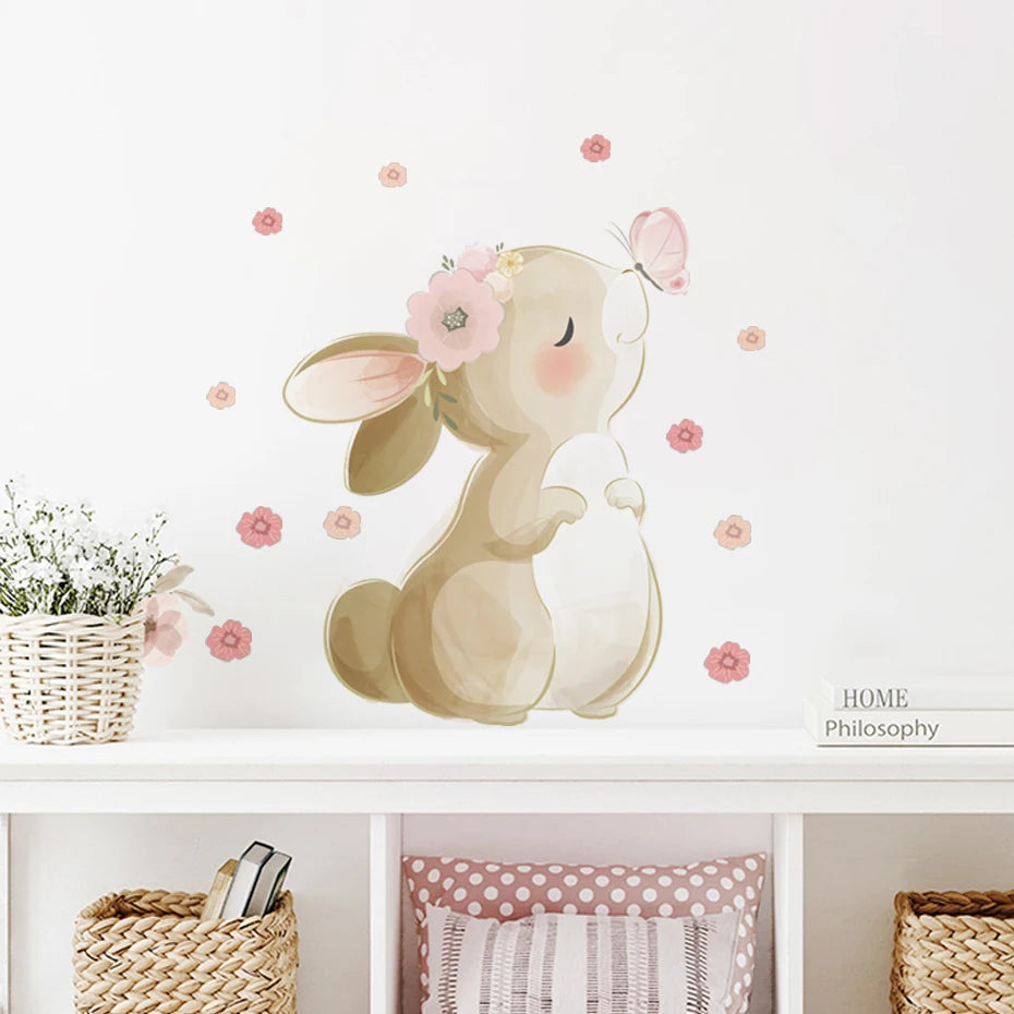 Boho Rabbit Butterfly Flower Wall Sticker Nursery Kids Room Decor