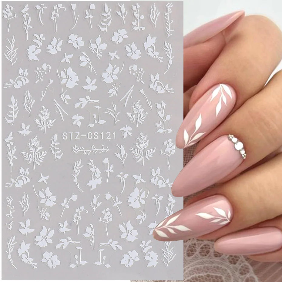 3D Floral Leaf Nail Stickers Black White Flower Adhesive Decals