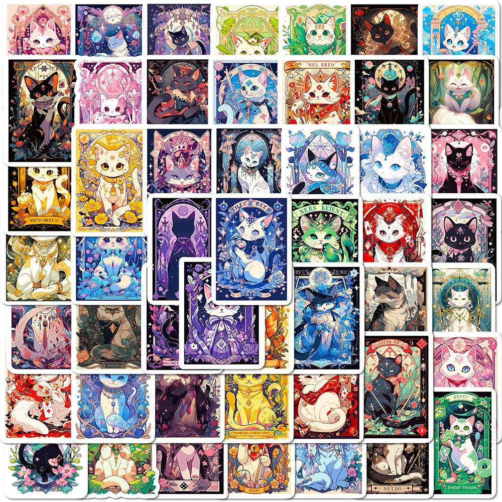 Cute Cat Tarot Stickers - 10/30/50pcs for Laptop, Phone, Luggage, Car, Fridge, Stationery