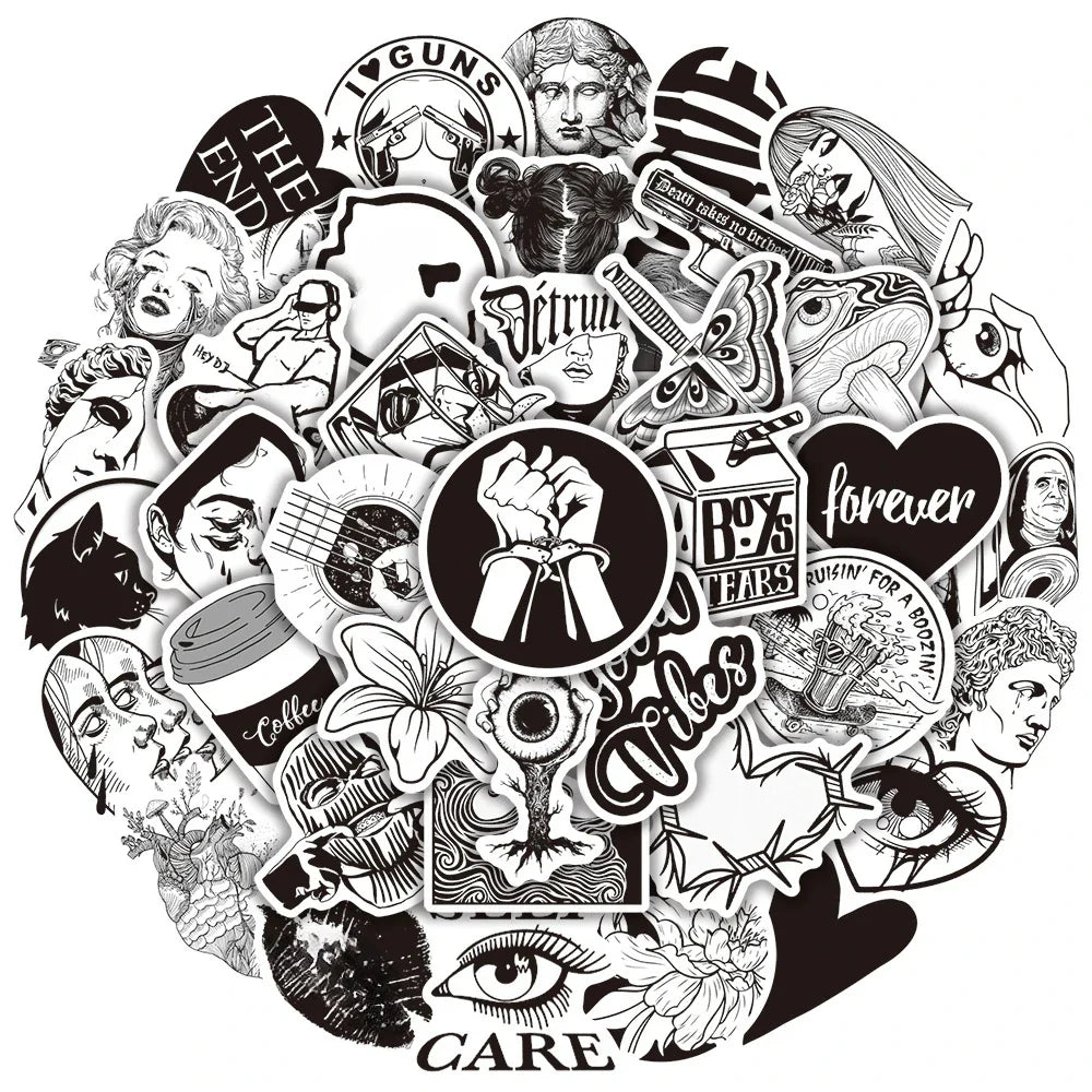 Aesthetic Black Graffiti Stickers for DIY Scrapbooking, Suitcase, Water Bottle, Phone, Laptop, Guitar, Skateboard - 10/25/50pcs
