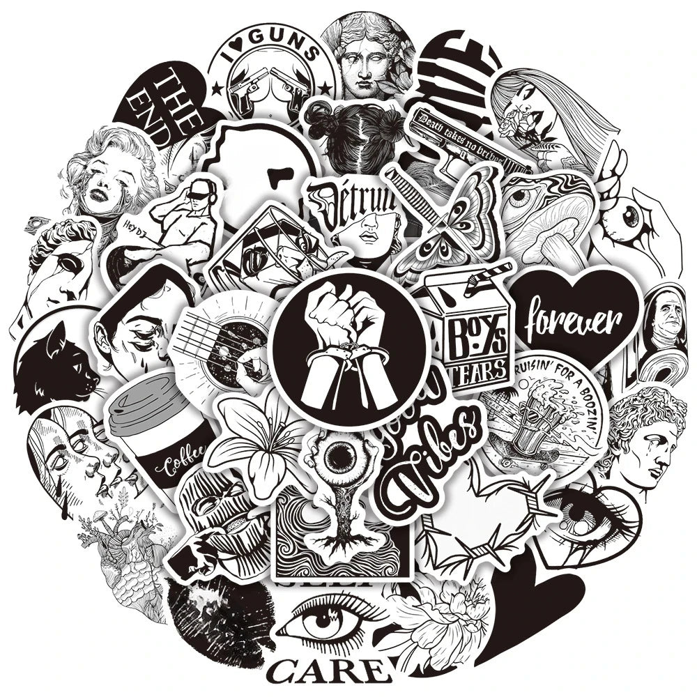 Aesthetic Black Graffiti Stickers for DIY Scrapbooking, Suitcase, Water Bottle, Phone, Laptop, Guitar, Skateboard - 10/25/50pcs
