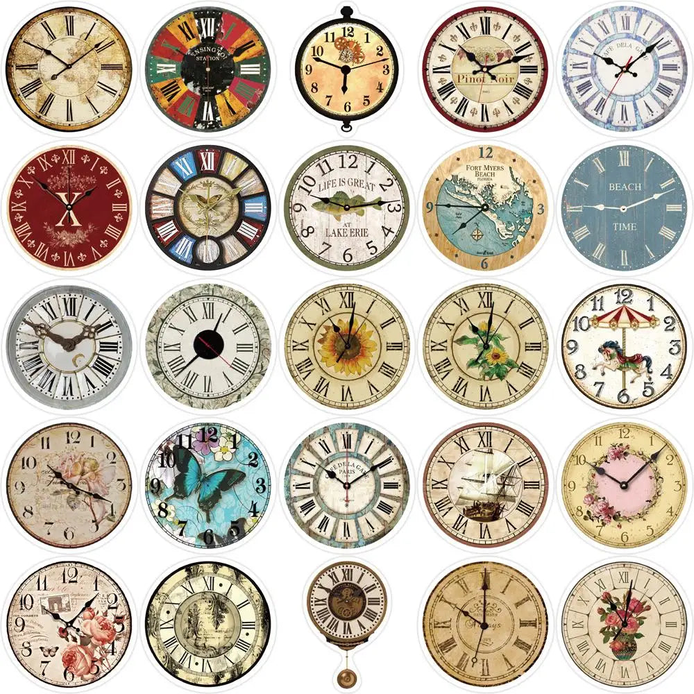 10/25/50pcs Retro clock Stickers Decals Cartoon Graffiti DIY Notebook Luggage Wall Decoration PVC Sticker