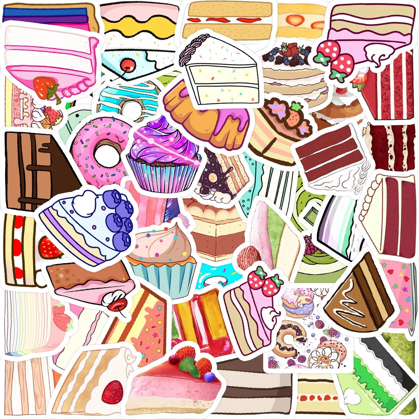 50pcs Cartoon Cake Dessert Stickers for Helmet, Desktop, Wall Decoration