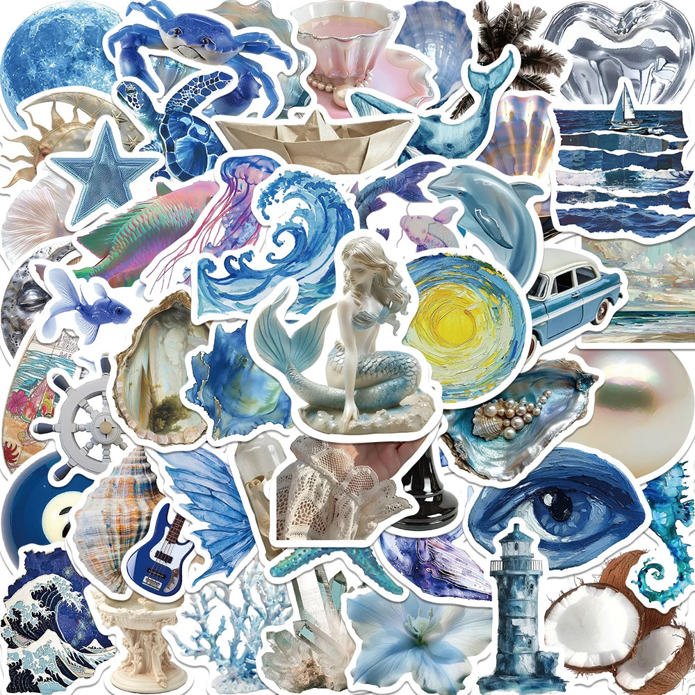 50pcs Vintage Blue Marine 3D Aesthetic Vinyl Stickers for DIY, Journal, Guitar, Motorcycle, Computer