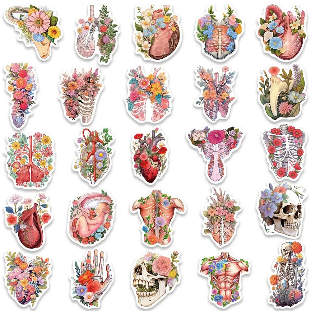 50pcs Colorful Cartoon Flowers Skull Human Organs Graffiti Stickers For Laptop Phone Guitar Luggage Waterproof Vinyl Decals
