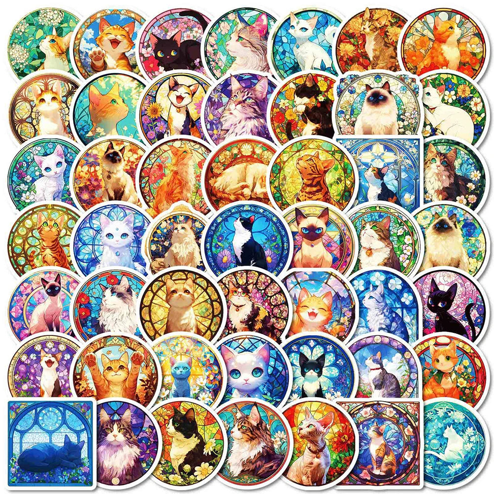Retro Colorful Glass Cat Stickers 10/30/50pcs Aesthetic Decals for Kids, Skateboard, Laptop, Phone, Fridge, Bike