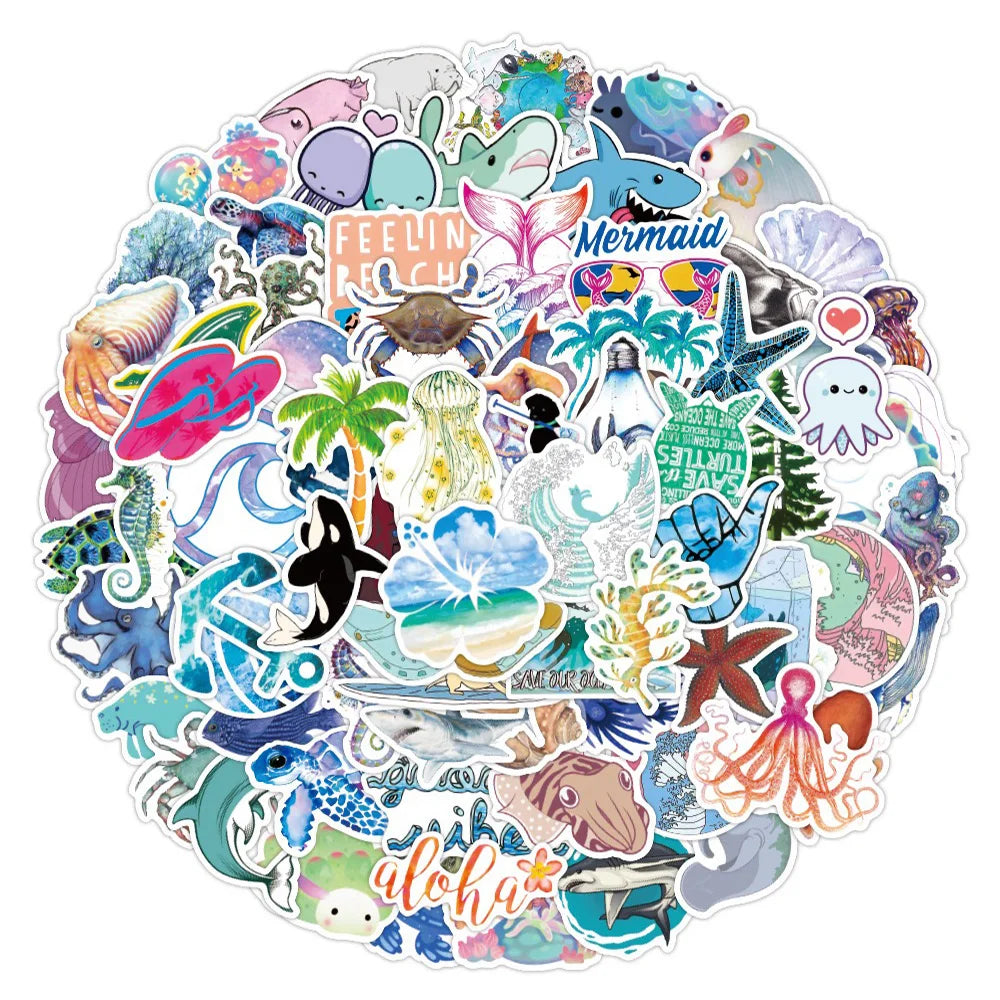 Sea World Animal Stickers: 10/30/50/100PCS for Laptop, Luggage, Skateboard, Kids