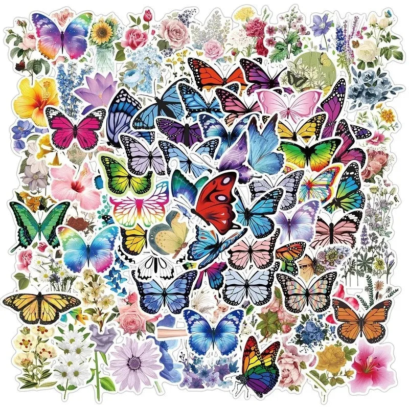 Aesthetic Butterfly Flower Stickers for DIY Guitar Phone Suitcase Scrapbook Skateboard Car (10/50/100pcs)