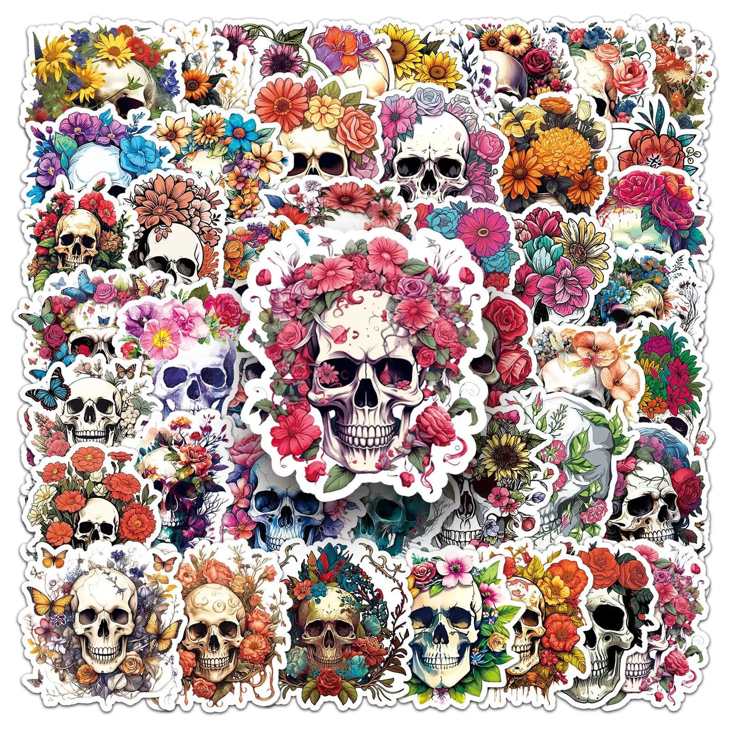 Flower Skull Art Stickers for Phone, Laptop, Luggage, Skateboard, Toy