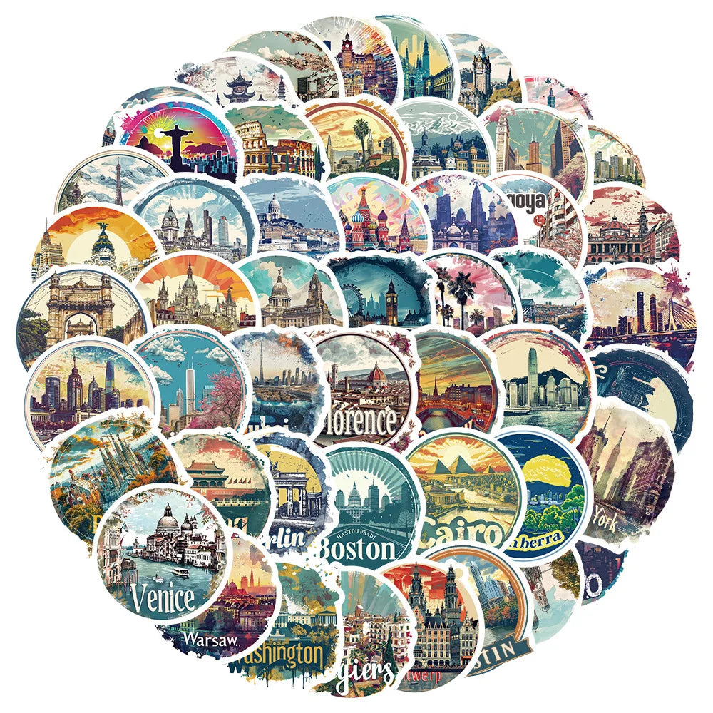 City Collage Stickers 10/30/50Pcs for Suitcase, Skateboard, Laptop, Luggage, Phone, Car, DIY Decal