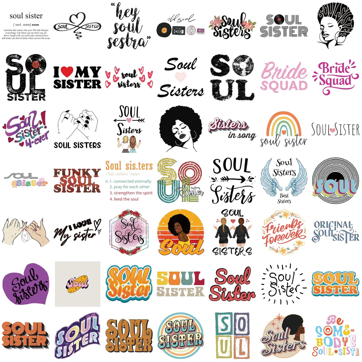 Soul Sister Stickers 50PCS Waterproof Aesthetic Decals for Phone Laptop Suitcase Skateboard Guitar