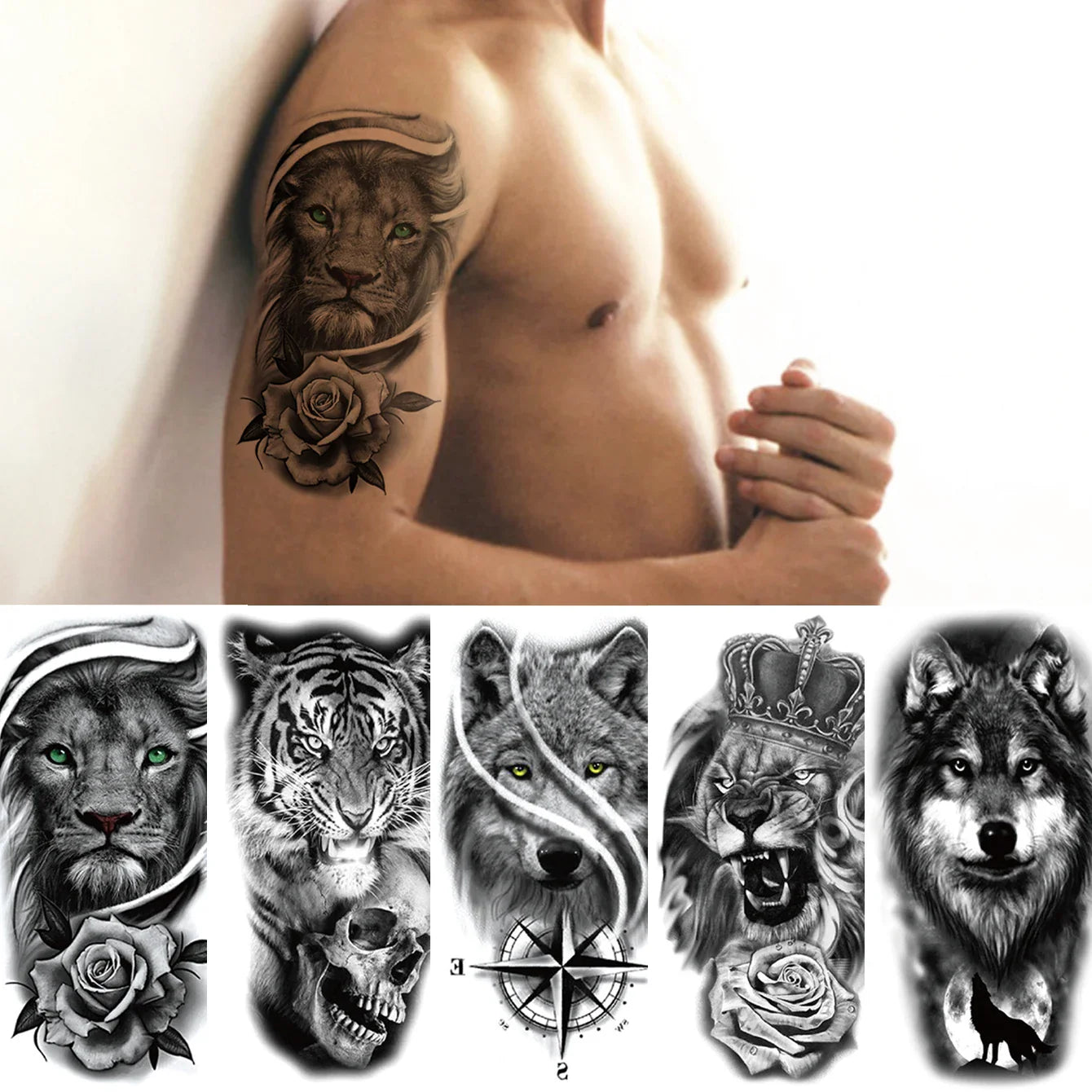 5pcs Waterproof Temporary Tattoo Stickers: Lion, Flower, Wolf, Rose, Tiger