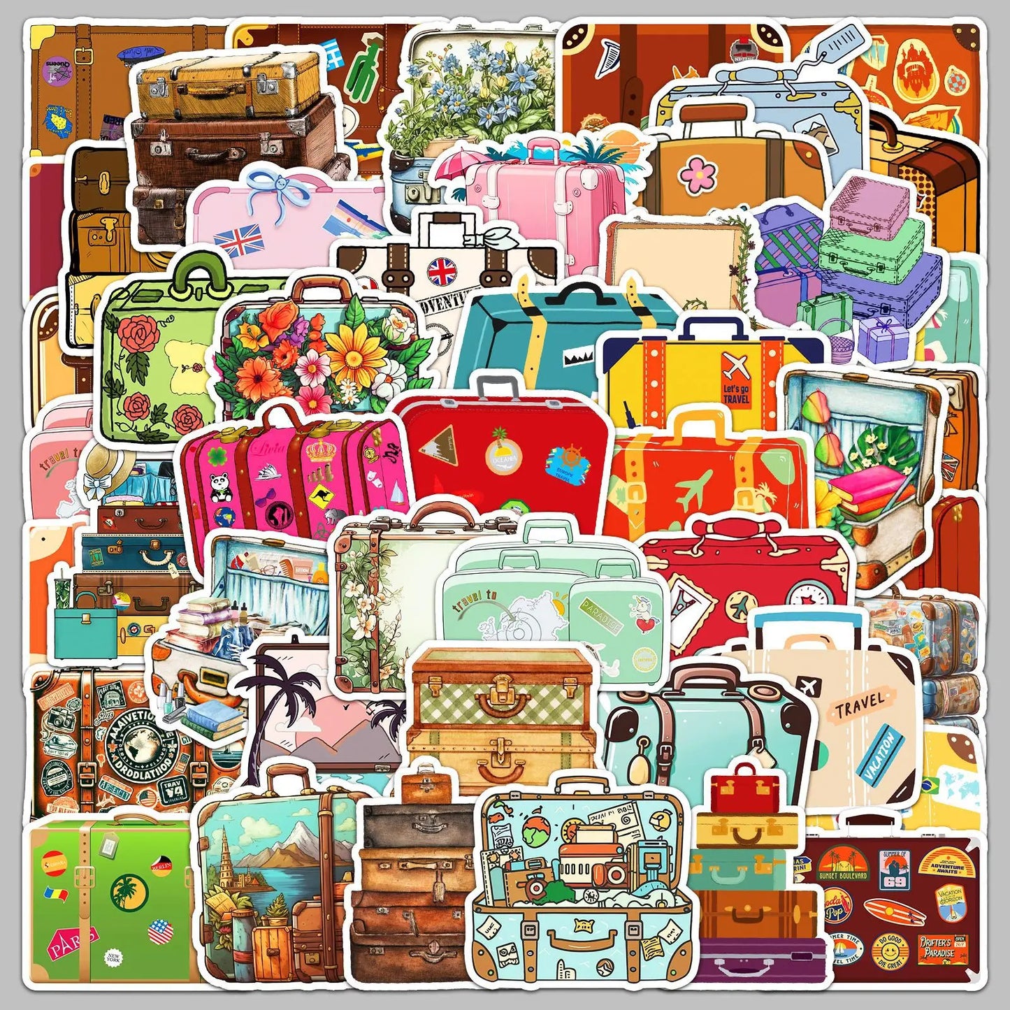 50Pcs Cartoon Suitcase Luggage Stickers for Helmet, Wall, DIY Decoration