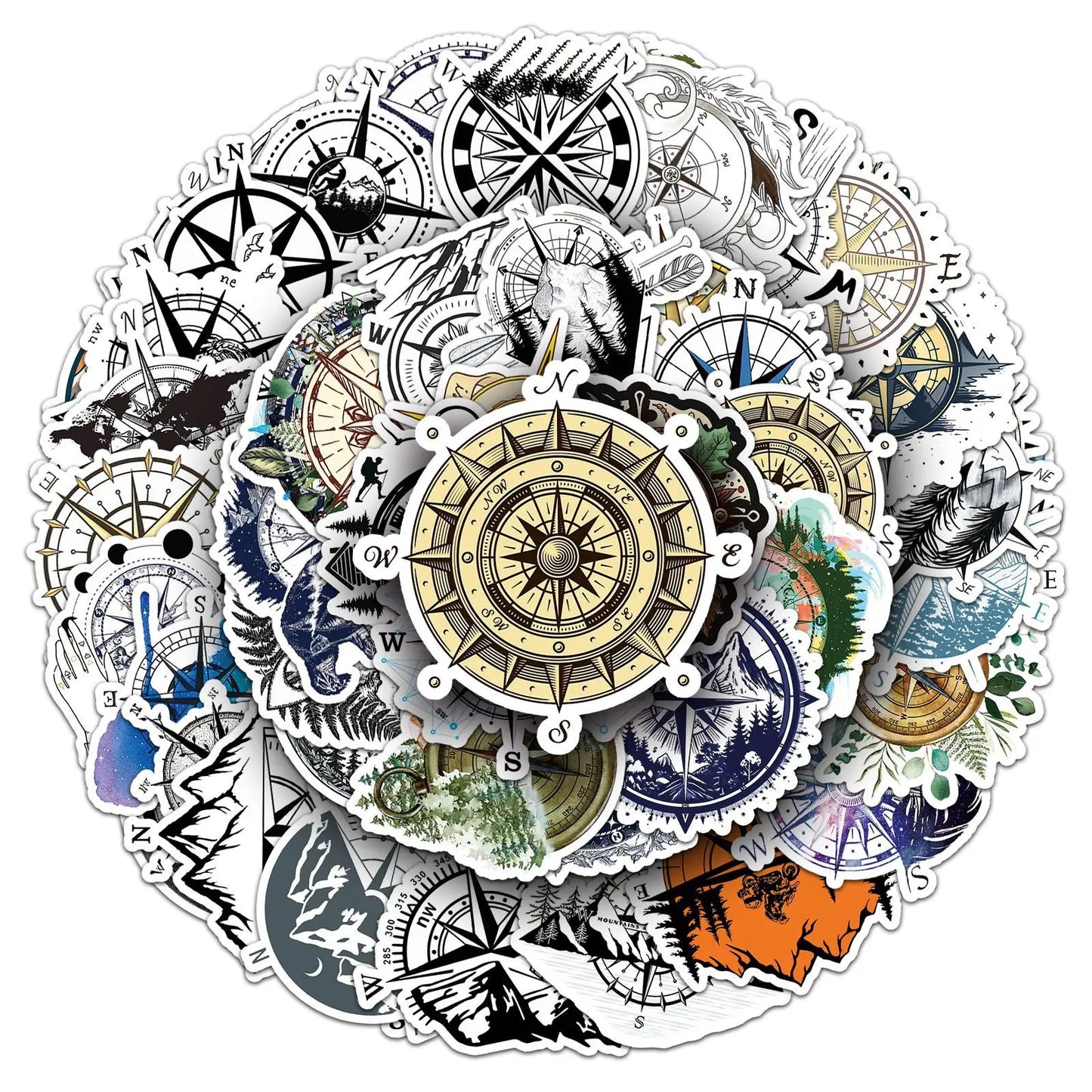 Outdoor Adventure Compass Stickers for Phone, Laptop, Luggage, Skateboard - 10/30/50PCS