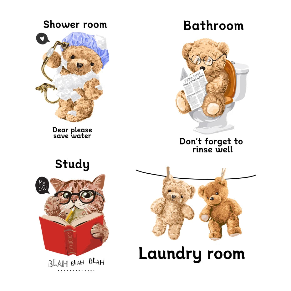 Bear Wall Stickers for Laundry and Bathroom - Cartoon Animal Vinyl Wallpaper