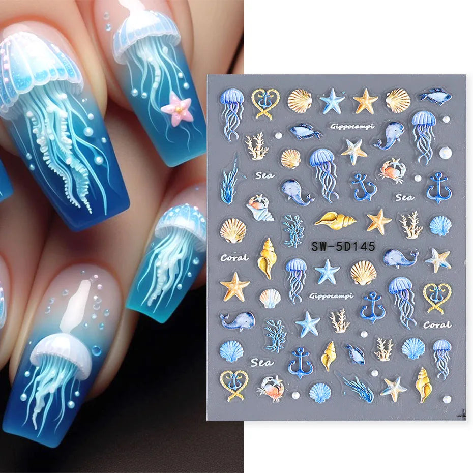 5D Jellyfish Beach Nail Stickers Shell Starfish Mermaid Decals Manicure Foils Decor