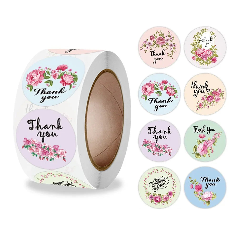 50-500pcs Flowers Thank You Stickers Heart Floral Seal Labels Cute Paper Stickers For Wedding Party Envelope Stationery Stickers