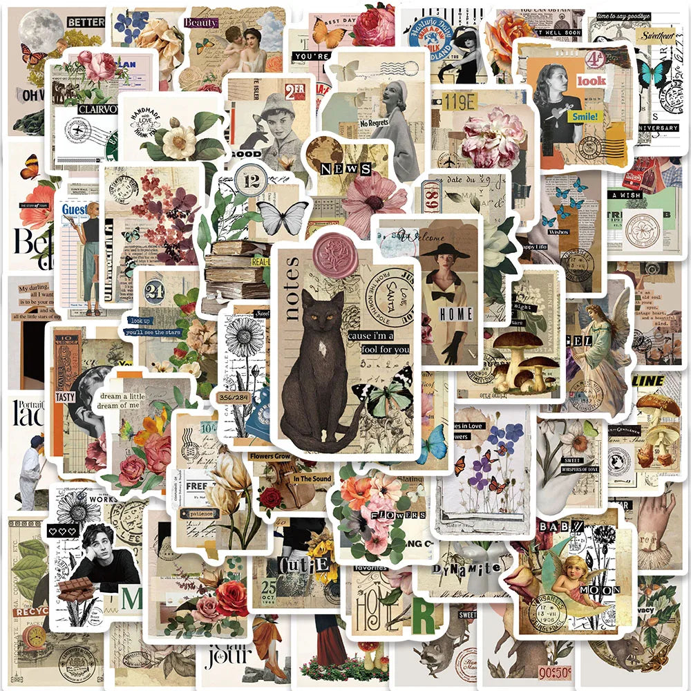 53PCS Vintage Cat Stickers Retro Art Decals Scrapbook DIY Gift