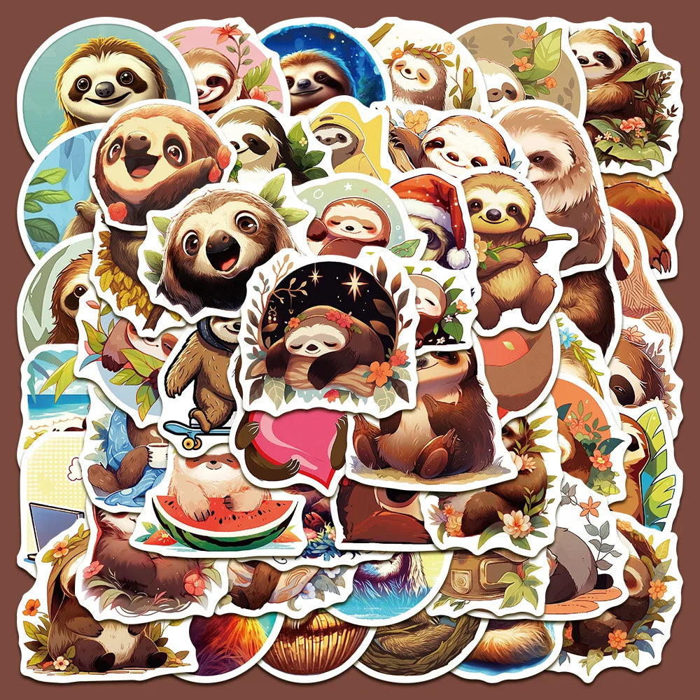 50pcs Cute Sloth Stickers for Helmets, Walls, DIY Decoration Wholesale