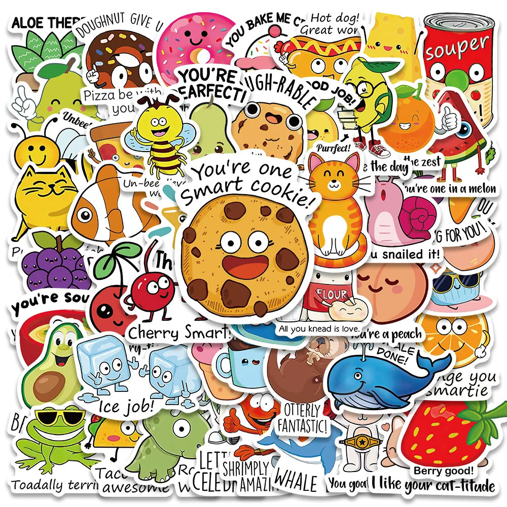 50PCS Kids Reward Stickers Cute Fruits Animals Cartoon Decals Teacher Stationery Gift