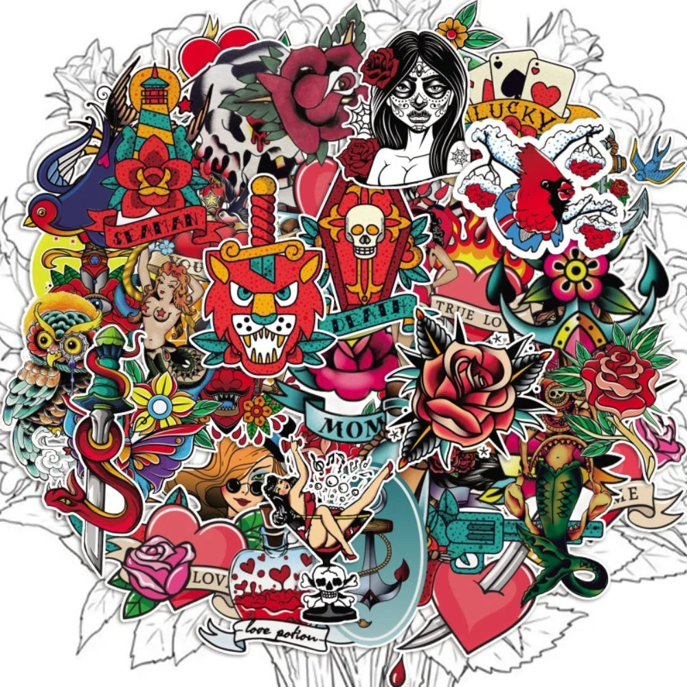 50/100Pcs Retro Old School Tattoo Style Sticker Refrigerator Skateboard Trolley Case Decals Backpack Tables Waterproof Sticker