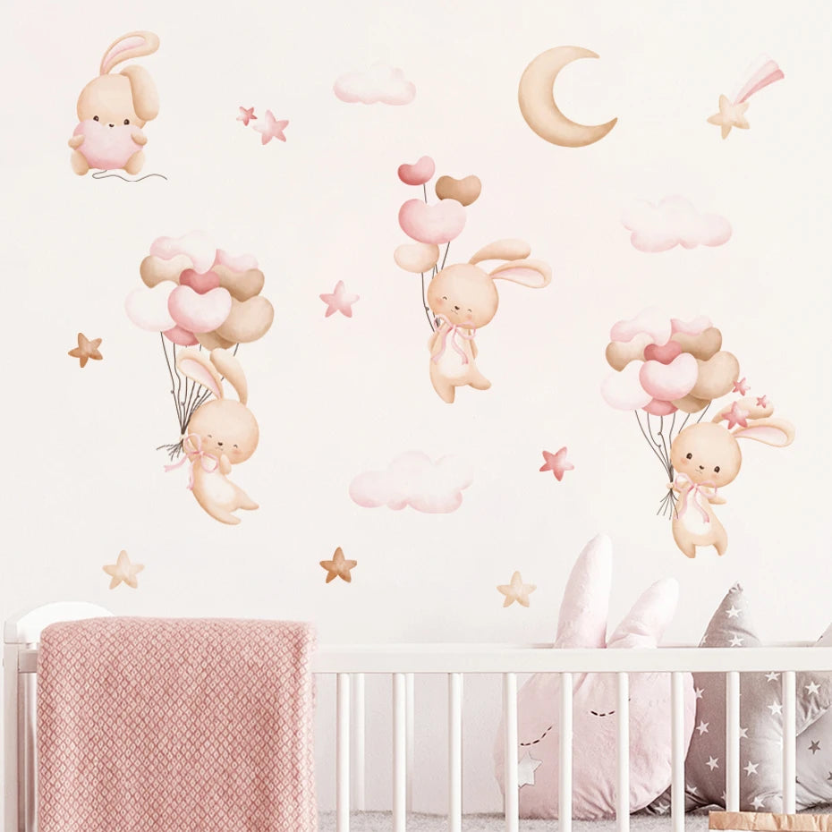 Pink Bunny Moon Clouds Stars Nursery Wall Decals Stickers Kids Room Decor