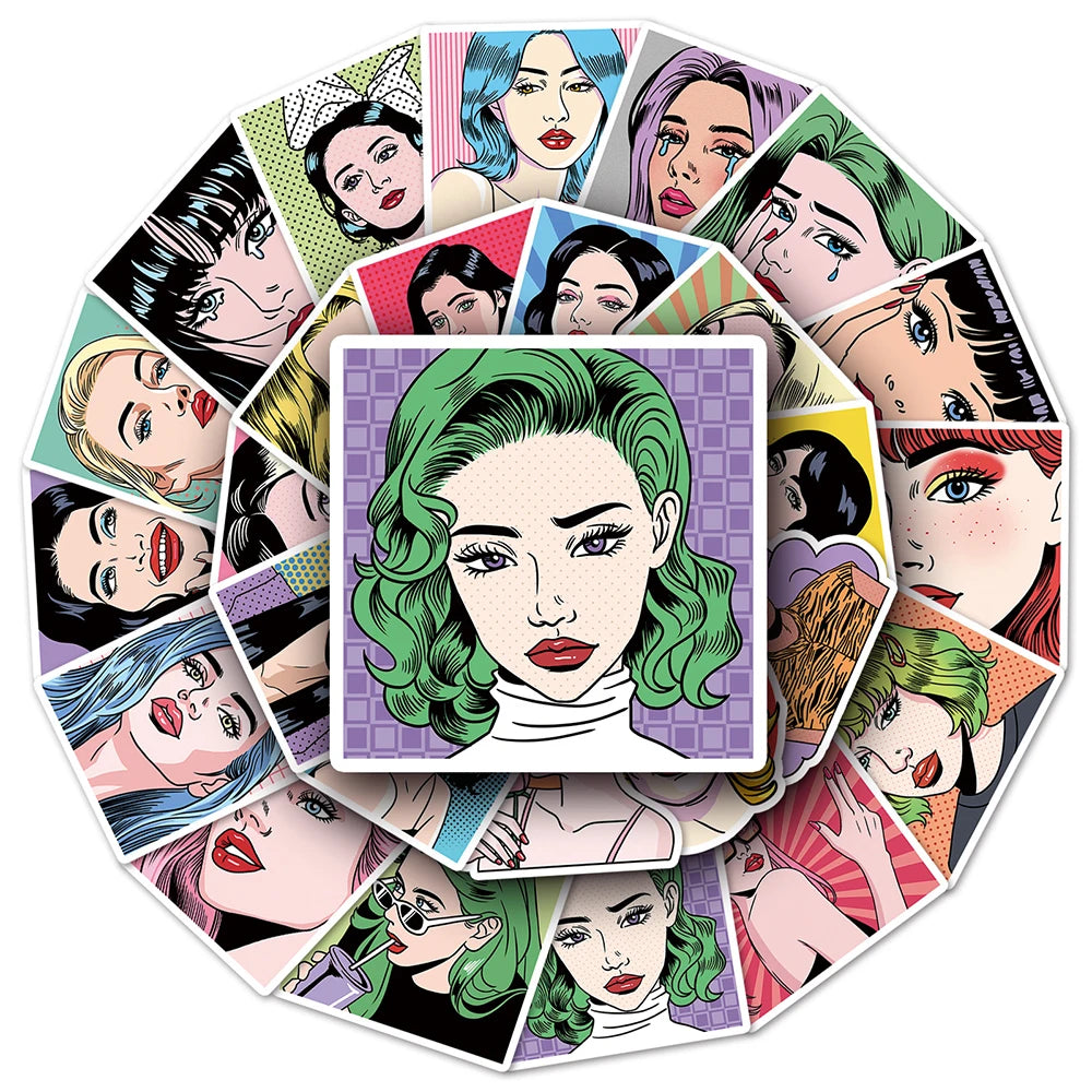 10/30/50pcs Retro Pop Style Girl Anime Stickers Decals Laptop Motorcycle Skateboard Car Phone Guitar Decoration Sticker Kids Toy