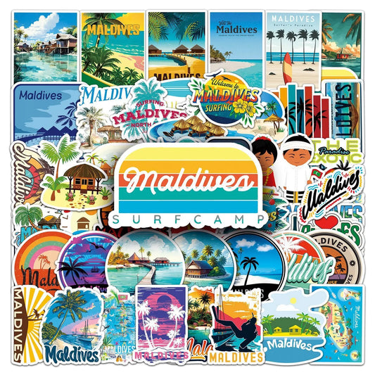 10/50pcs Cool Maldives Landscape Travel Stickers Holiday Beach Surfing Decals DIY Surfboard Luggage Suitcase Guitar Car Sticker