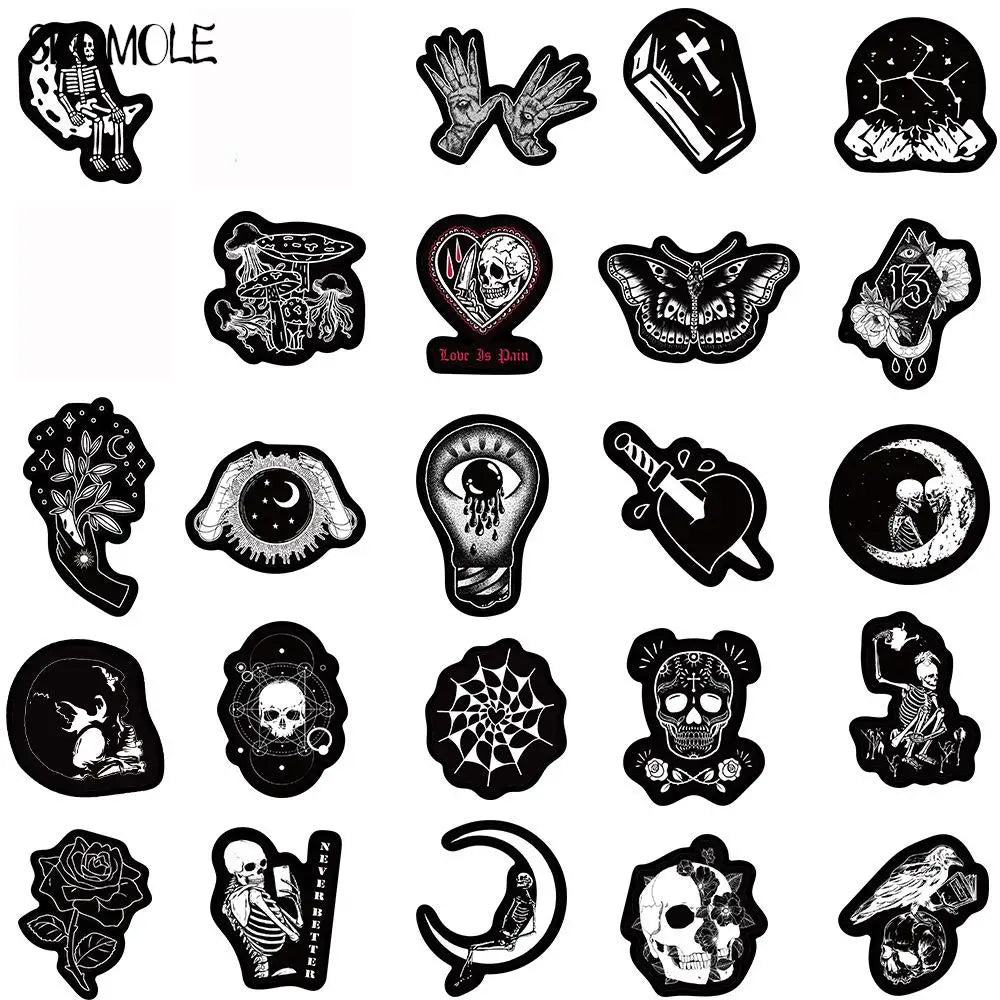 10/30/50PCS Cartoon Black and White Stickers Terrifying Skull Halloween DIY Skateboard Laptop Luggage Bike Cars Decals Sticker