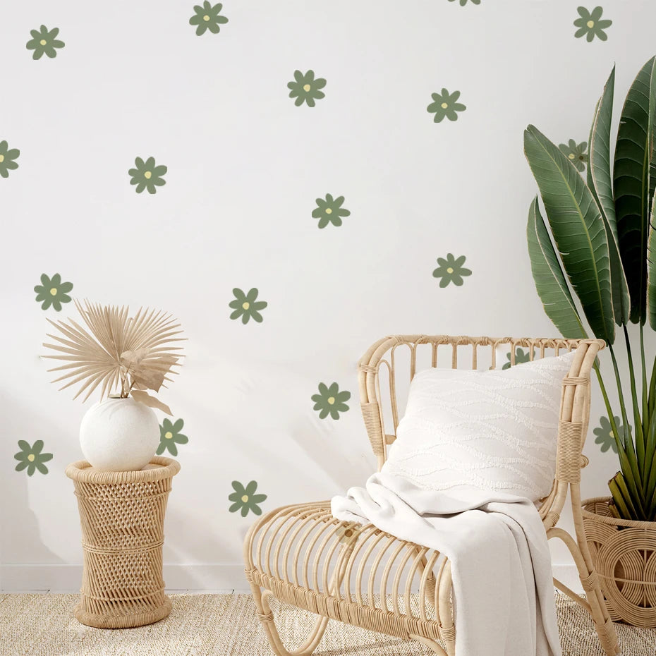 Boho Green Daisy Wall Stickers Kids Room Nursery Decals