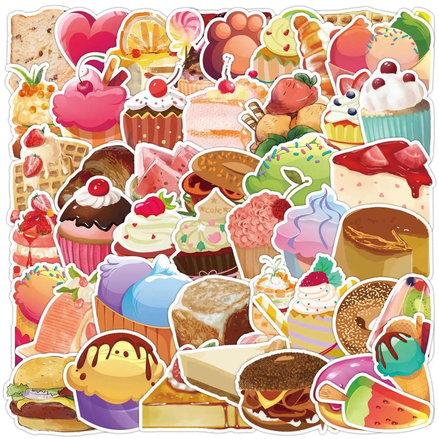50pcs Cartoon Dessert Graffiti Stickers for Helmet, Wall, DIY Decoration