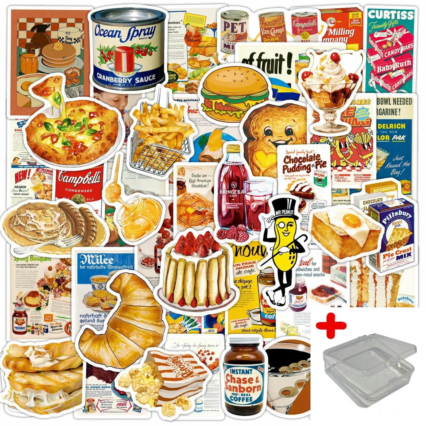 50pcs Retro Food Graffiti Stickers for Helmet, Wall, DIY Decoration with Storage Box