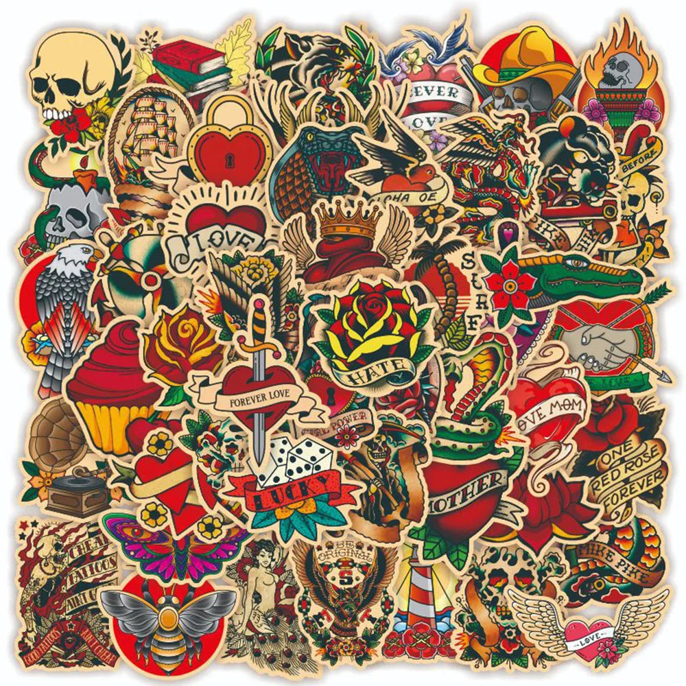 Retro Tattoo Style Cartoon Stickers - 10/30/50/100PCS for Laptop, Luggage, Snowboard, Graffiti Decals