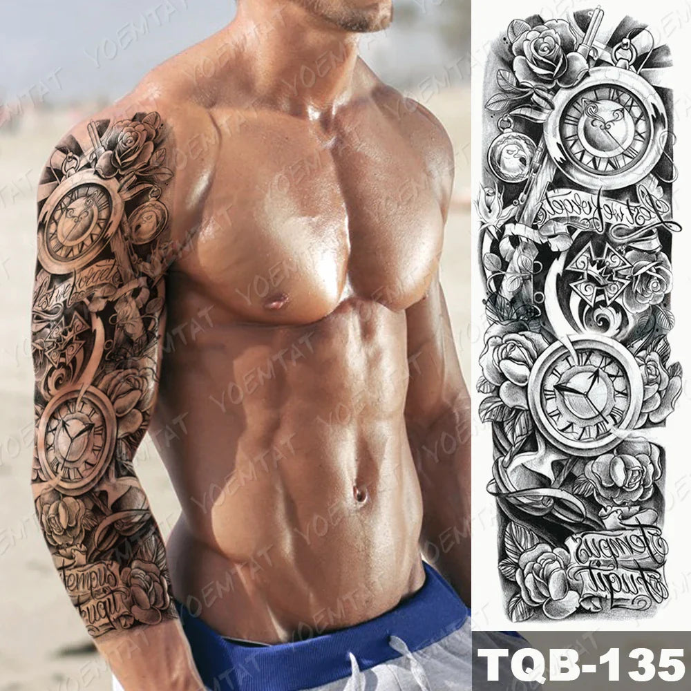 Large Full Arm Sleeve Waterproof Temporary Tattoo Sticker Clock Rose Flower Gothic Text Carp Totem Fake Tatoo Body Art Men Women