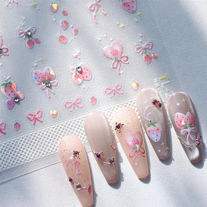 Strawberry Bowknot Rhinestone Nail Art Stickers