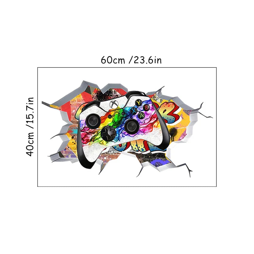 3D Broken Wall Hole Art Gamer Gamepad Vinyl Mural Stickers for Home Kids Room Boy Bedroom Play Zone Decoration Video Game Poster